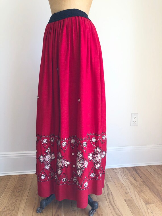 1970s Red Indian Cotton Mirrored Maxi Skirt S - image 5