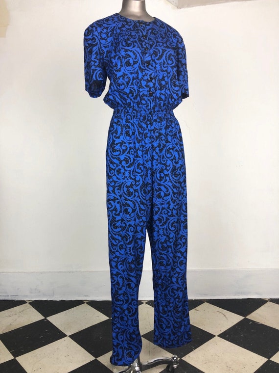 CUTE 1980s Blue Paisley Rayon Jumpsuit S