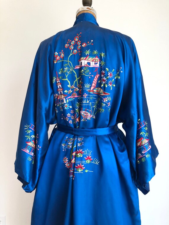 1960s Chinese Blue Rayon Silk Embroidered Robe L - image 5