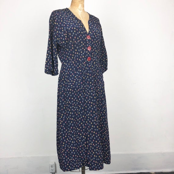 1940’s Navy Novelty Print Cold Rayon Dress M