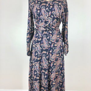 1930s Navy Blue Paisley Cotton Belted Dress M image 4