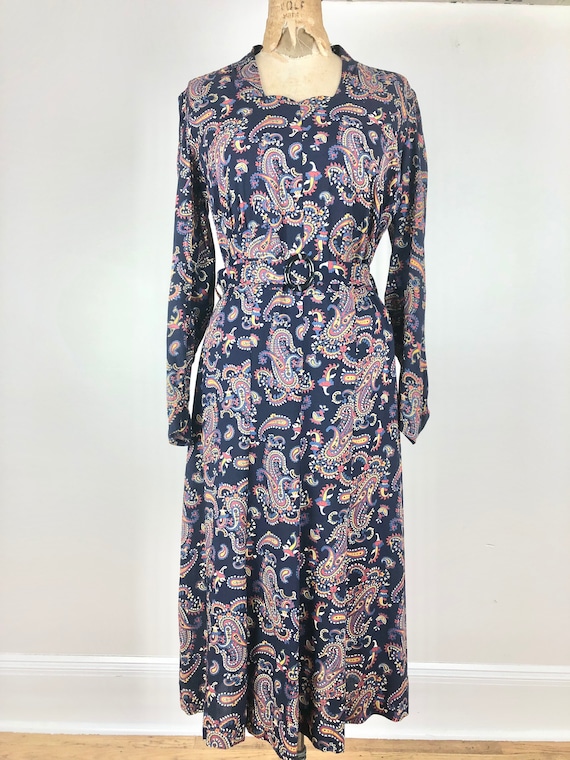 1930s Navy Blue Paisley Cotton Belted Dress M - image 4