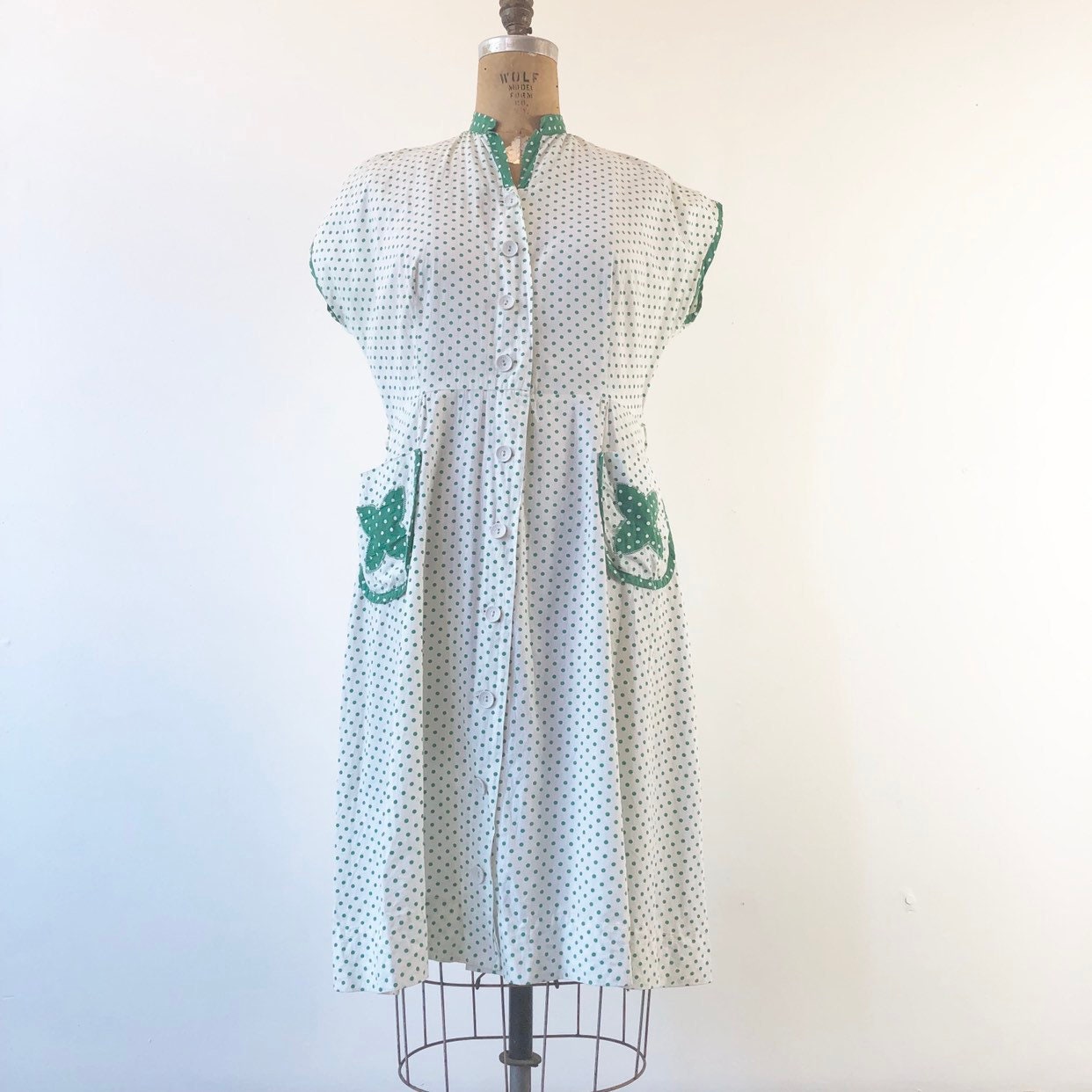 1950s Pink Green Polka Dot Dress | M/L