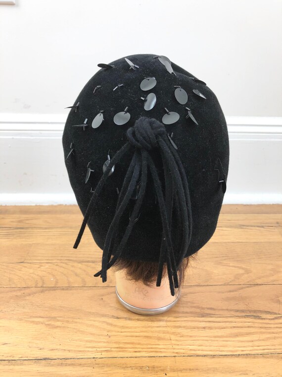 1950s Black Wool Felt Cloche Hat with Paillettes … - image 6