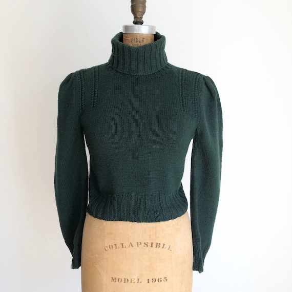 1980s Berek Green Cropped Wool Turtleneck Sweater
