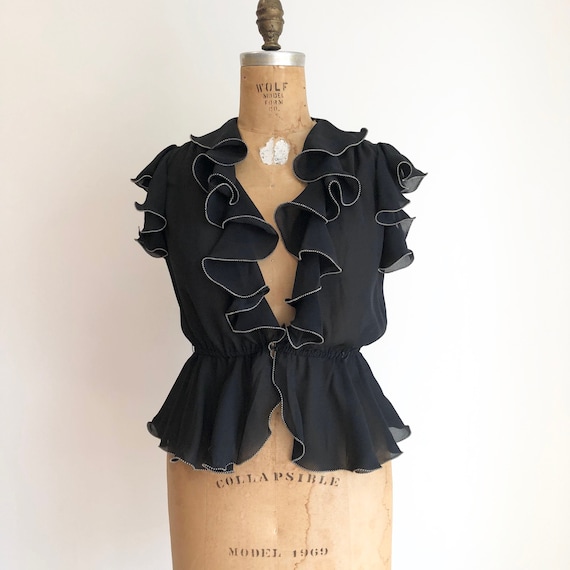 HOT 1970’s Black Rayon Crepe Ruffle Blouse M