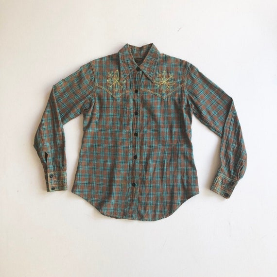 1970’s Plaid Indian Cotton Embroidered Western Shi