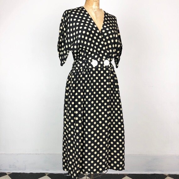 1980s Does 1940s Navy Silk Polka Dot Wrap Dress M