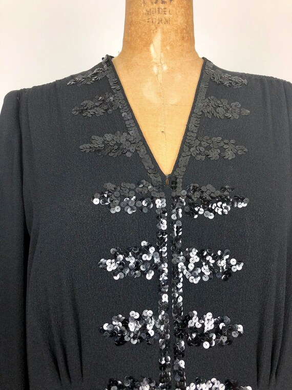 1940s Black Rayon Crepe Peplum Dress W/ Sequins L - image 4