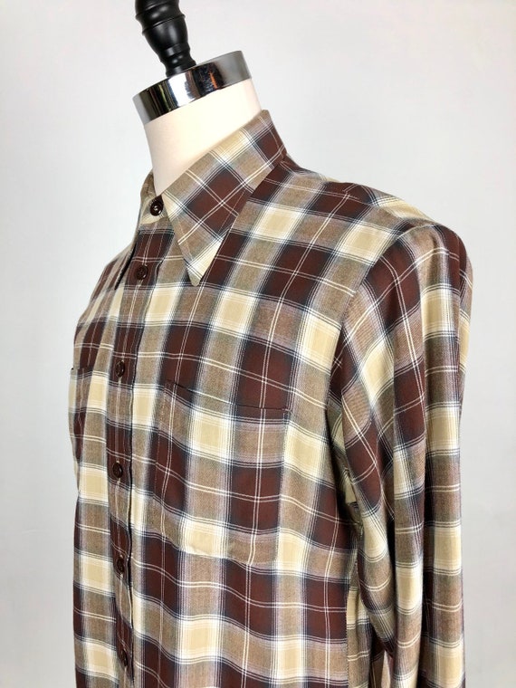 1950s Van Heusen Brown Plaid Rayon Shirt L