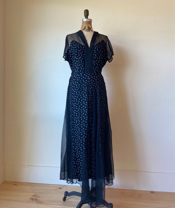 1940s Black Polka Dot Rayon Maxi Dress With Mesh Overlay and Mermaid Hem M  - Etsy