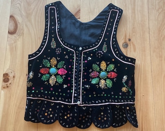 Vintage 1940s Polish Black Velvet Sequined Vest L