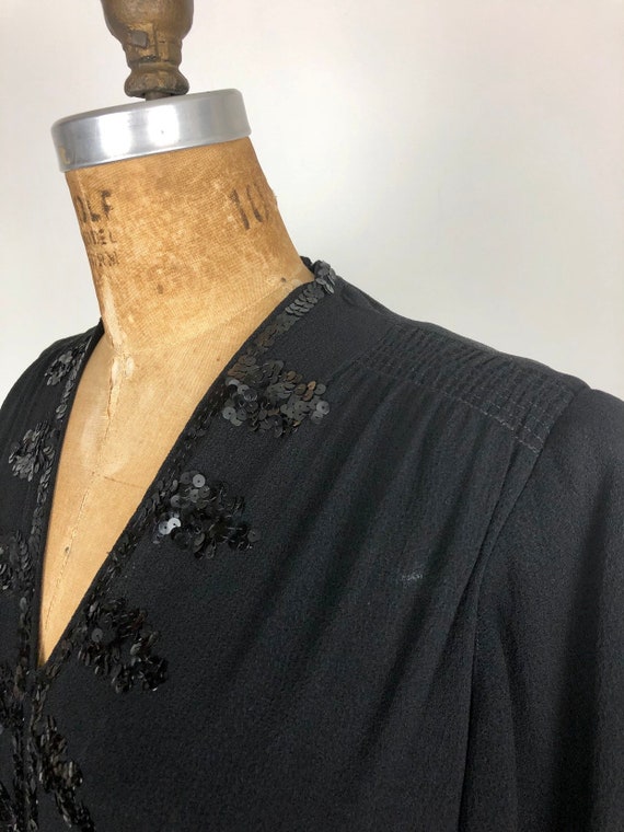 1940s Black Rayon Crepe Peplum Dress W/ Sequins L - image 3