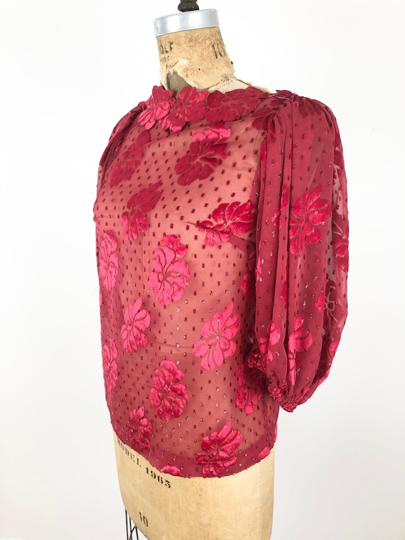 1970s Burnout Metallic Red Velvet Sheer Blouse S - image 2