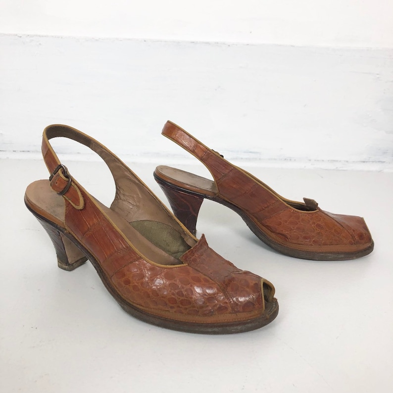 GORGE 1940s Alligator Slingback Peep Toe Pumps 9 image 1