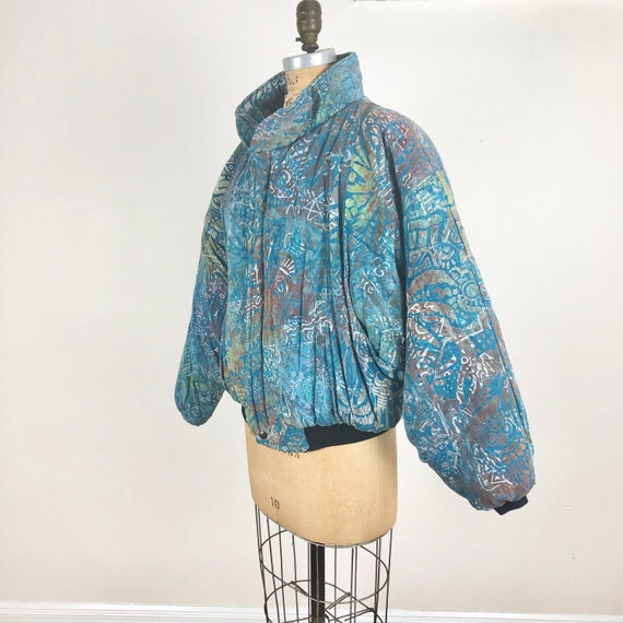 1990s Tropical Batik Reversible Rayon Puffer Jacket M
