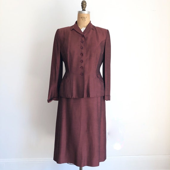 KILLER 1940s Wine Red Sharkskin Skirt Suit M