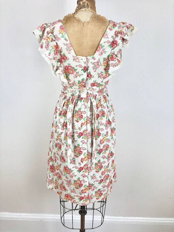 1930s Floral Cotton Pinafore Style Dress S - image 5