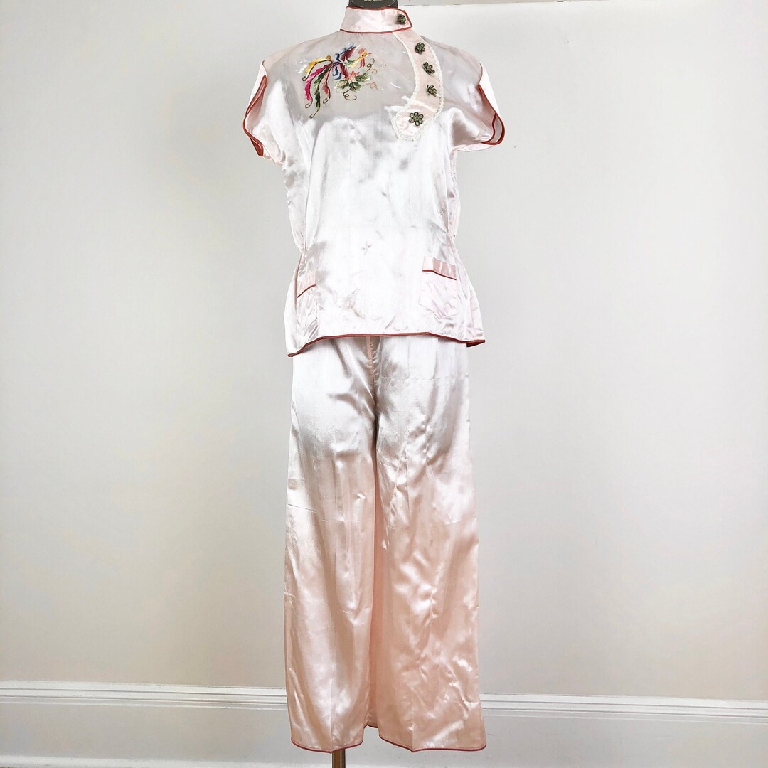 1940s Embroidered Pajama Set / Vintage Ombre Satin 2 Piece 