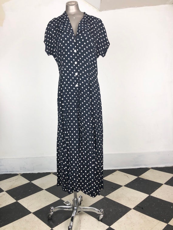 1990s Navy Rayon Crepe Polka Dot Palazzo Jumpsuit