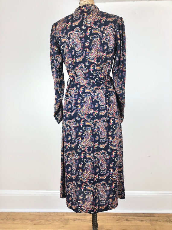 1930s Navy Blue Paisley Cotton Belted Dress M - image 8