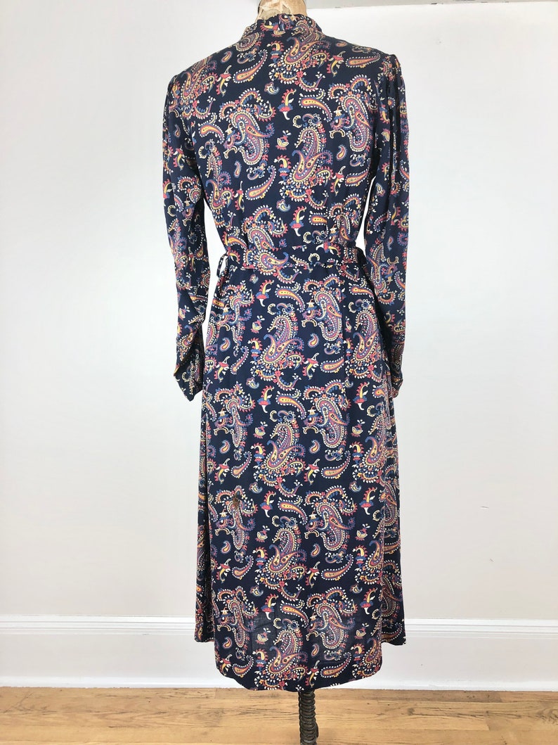 1930s Navy Blue Paisley Cotton Belted Dress M image 8