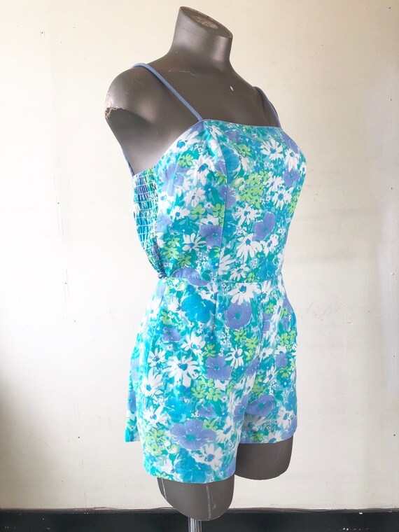 1960’s Blue Floral Playsuit Swim Romper S