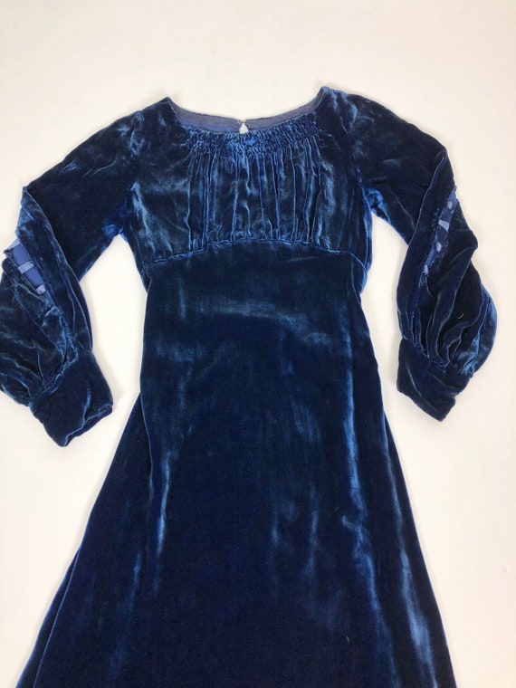 1930s Blue Silk Velvet Belted Art Deco Gown W/ In… - image 4