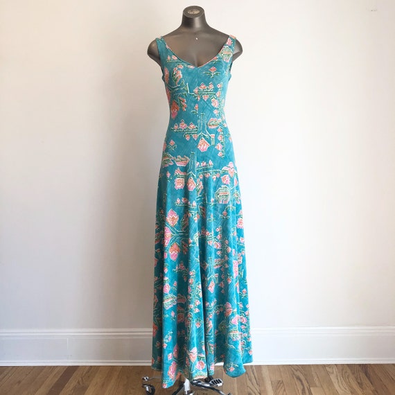 1970s Turquoise Floral Jersey Maxi Dress S - image 2