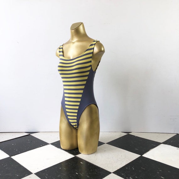 HOT 1980s Yellow and Grey Striped Leotard Swimsuit