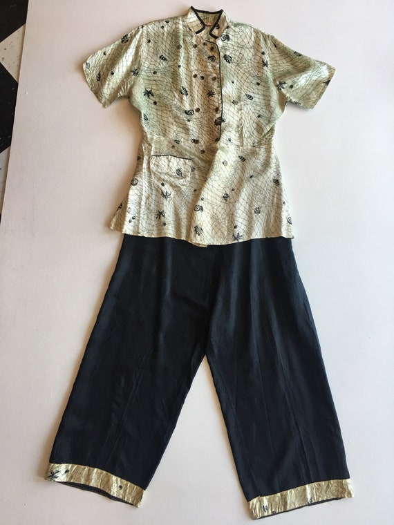 40s Seashell Print Satin Lounge Pajama Set M L