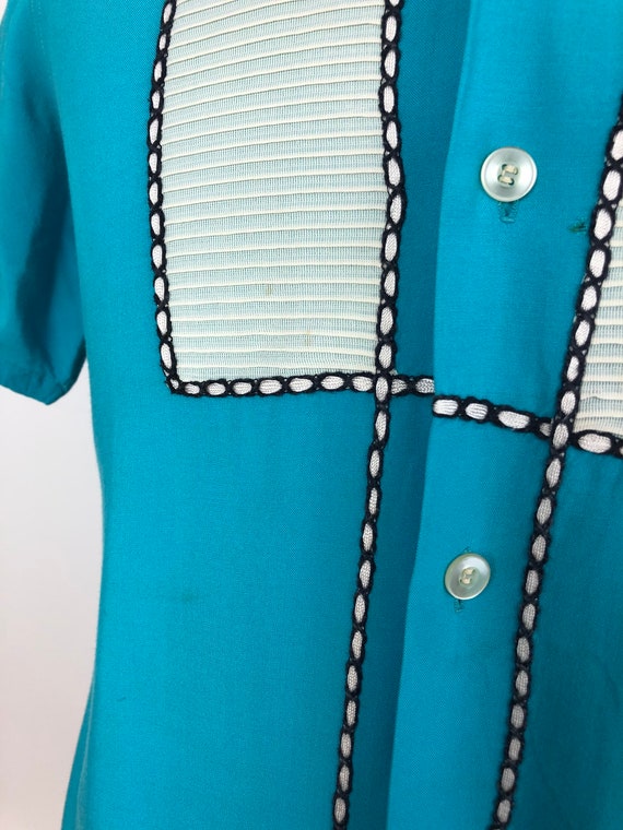 1950s Turquoise Rayon Short Sleeve Loop Collar Sh… - image 7