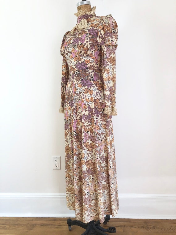 1970s Geisha Print Victorian Style Maxi Dress S