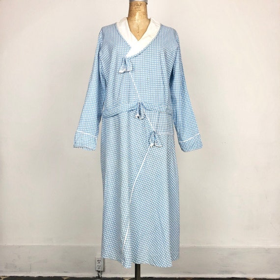 20s Blue Checkerboard Print Cotton Dress M