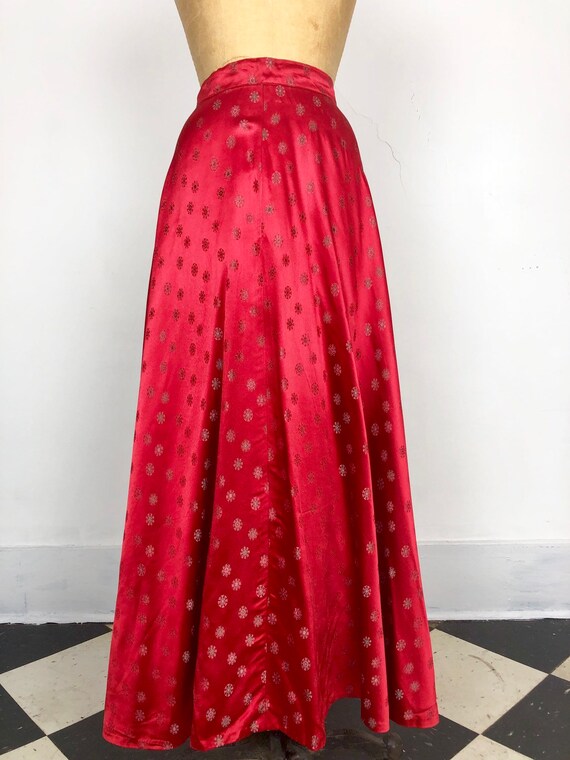 60s Red Brocade Satin Full Maxi Skirt S - image 3