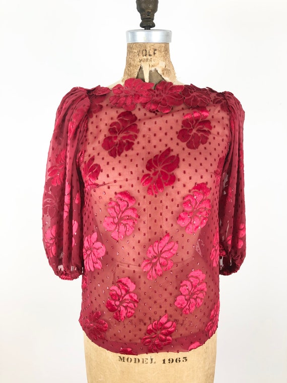 1970s Burnout Metallic Red Velvet Sheer Blouse S - image 4