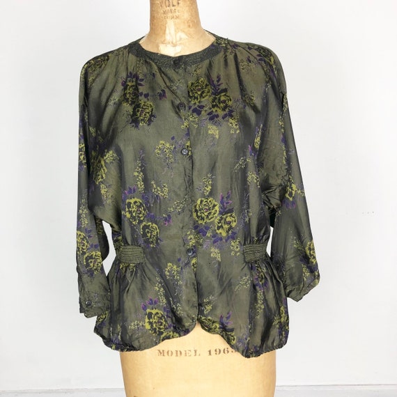 1980s Phool Dark Green Floral Rayon Blouse S M - image 2