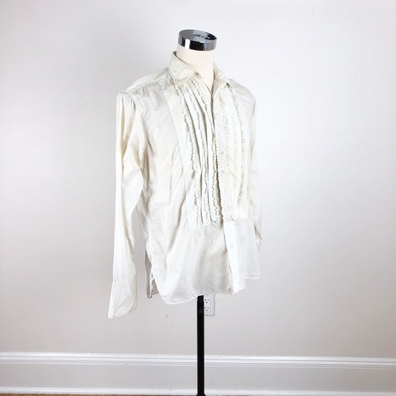 1950s Crocheted White Lace Tuxedo Shirt M - image 2