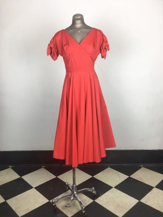 CHERRY 1950s Red Taffeta Bow Sleeve Party Dress S - image 1