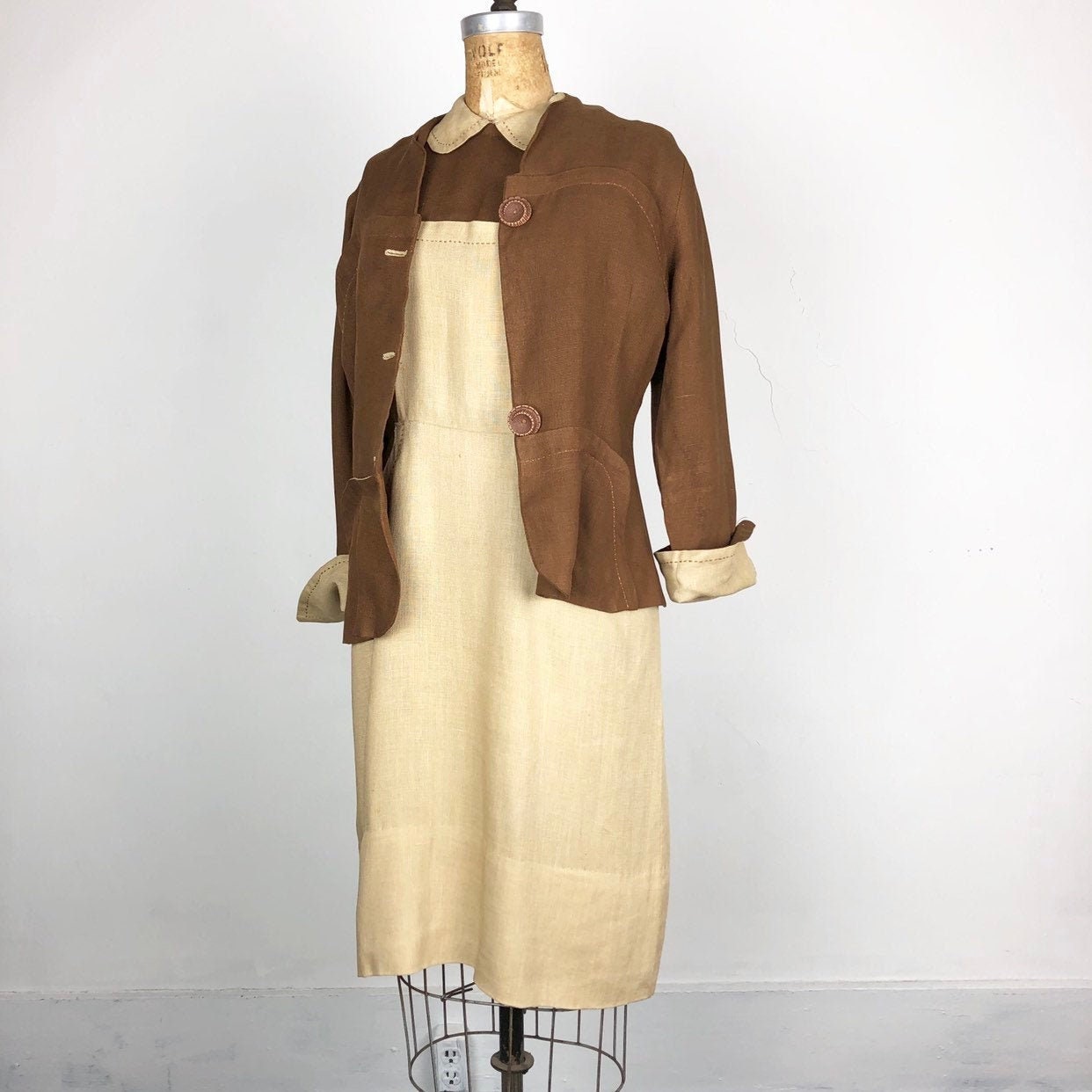 Beautiful 1940's Brown Linen 2 Pc Dress Set M