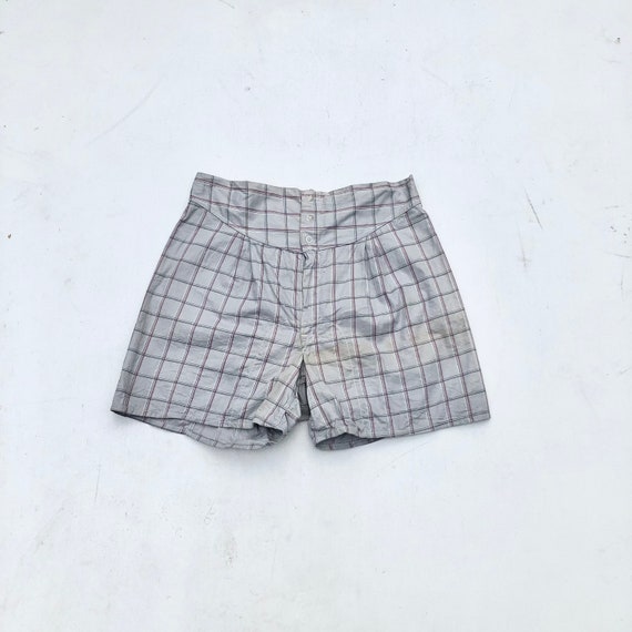 1940s Grey Plaid Cotton Boxer Shorts 29” - image 1