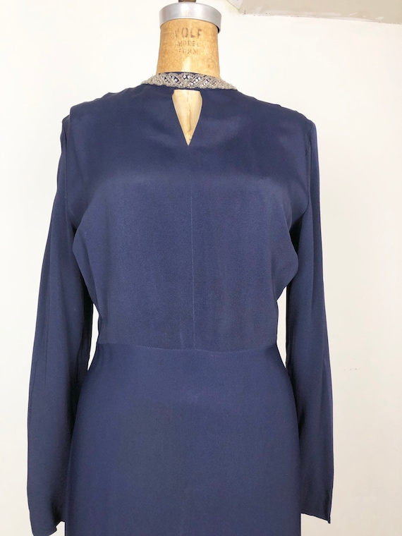 Gorgeous 1940's Navy Rayon Crepe Dress W/ Beaded … - image 1
