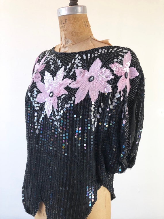 1980’s Sequined Flower Silk Blouse S - image 3