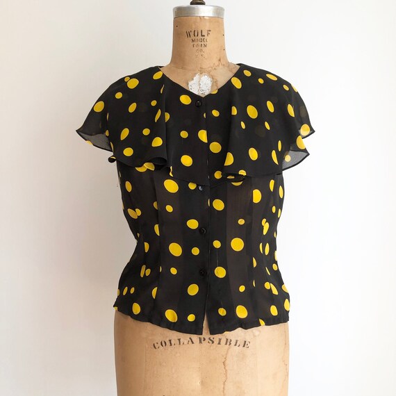1980s Black and Yellow Polka Dot Sheer Ruffle Blou