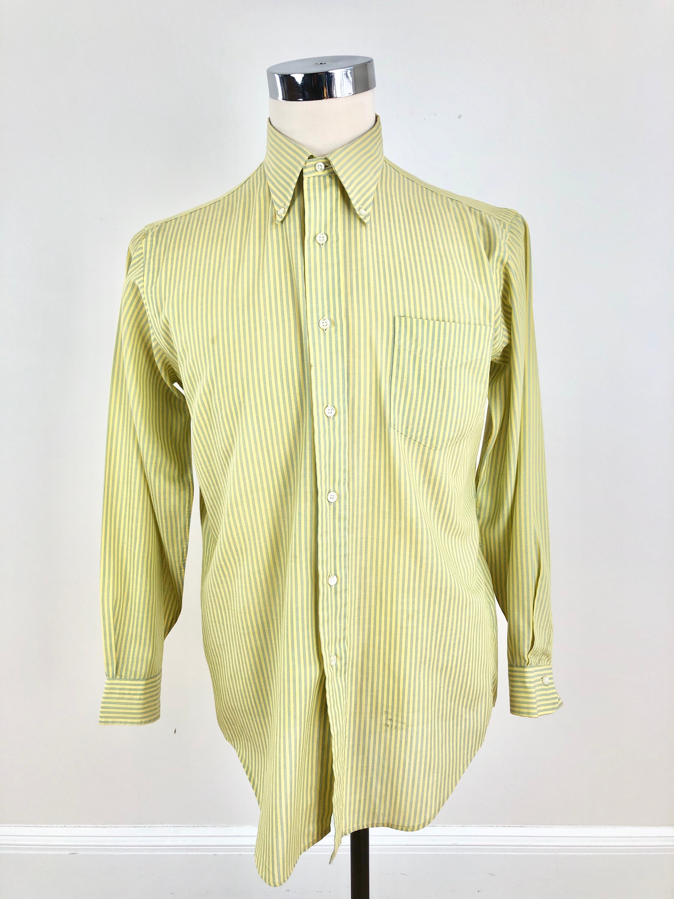 1960s Green and Yellow Striped Cotton Dress Oxford Shirt M Etsy