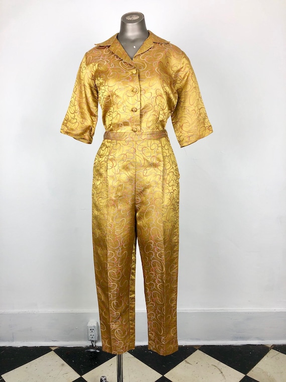 Amazing 1950s Atomic Gold Brocade 2pc Pant Suit S