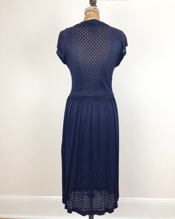 1940s Navy Blue Mesh Cap Sleeve Dress M - image 6