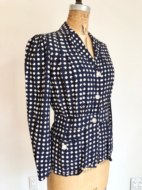 FABULOUS 1940s Navy Polka Dot Rayon Jacket S