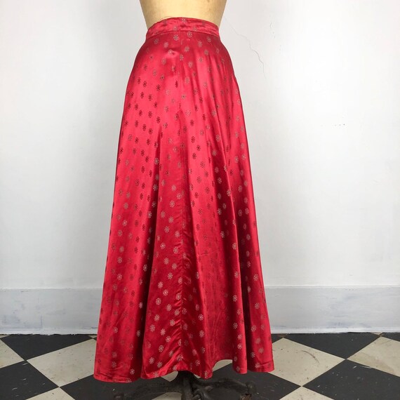 60s Red Brocade Satin Full Maxi Skirt S - image 1