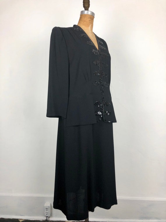 1940s Black Rayon Crepe Peplum Dress W/ Sequins L - image 6